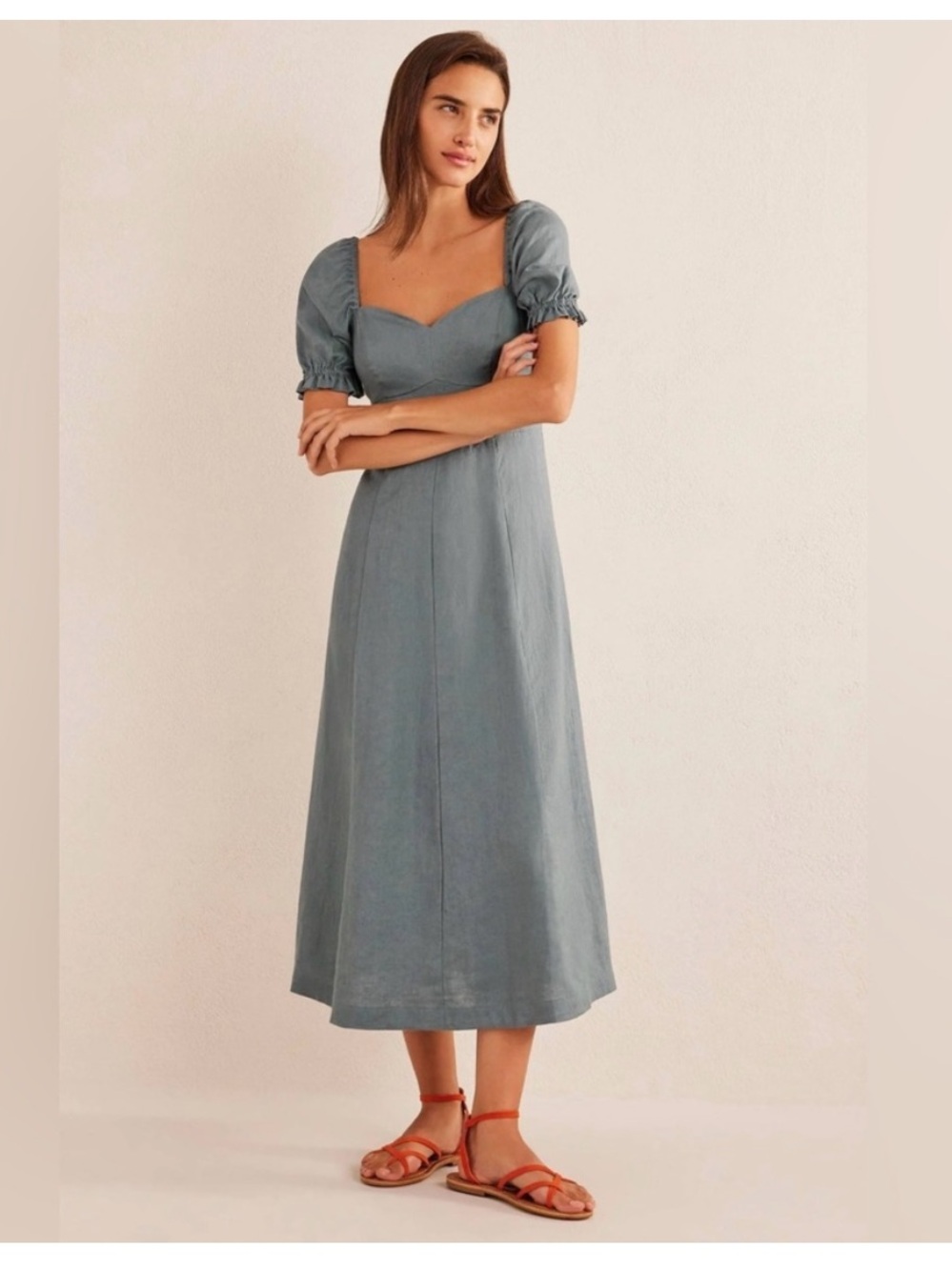 Boden linen sweetheart neck midi dress puff sleeve prairie cottagecore 16